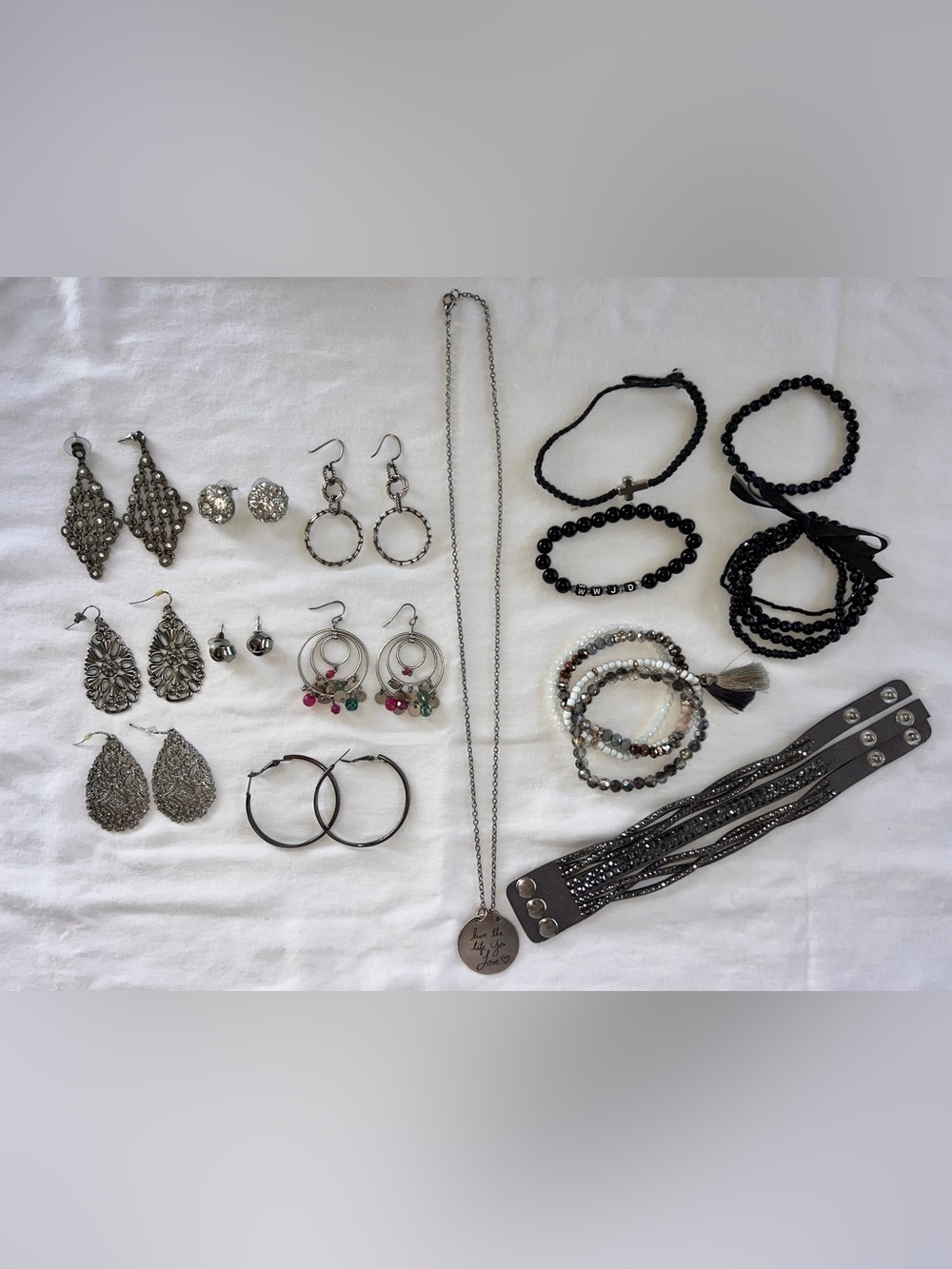 Assorted Silver/Black Jewelry Lot — 8 Pairs Earrings, 1 Necklace, 12 Bracelets